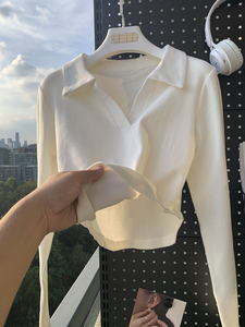 美式Polo领纯欲风长袖T恤女2023秋季新款修身内搭打底衫短款上衣