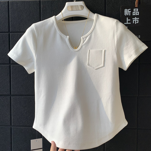 白色V领短袖修身显瘦T恤女夏