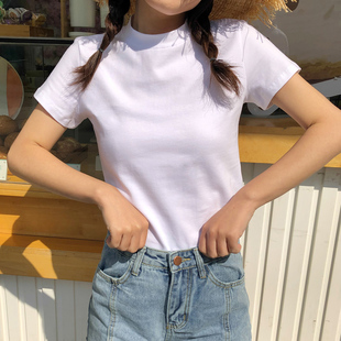 T恤女式 棉质修身 小高领白色短袖 打底衫 半高领内搭上衣 短款 夏季