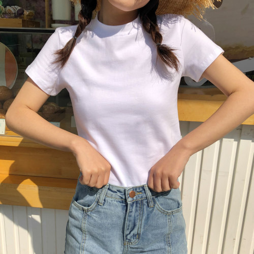 小高领白色短袖T恤女式打底衫