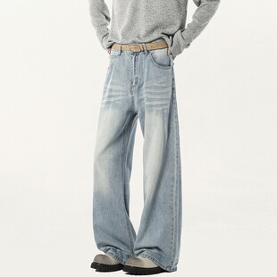 浅蓝色牛仔裤男春秋款直筒宽松阔腿美式高街裤子潮牌痞帅百搭长裤