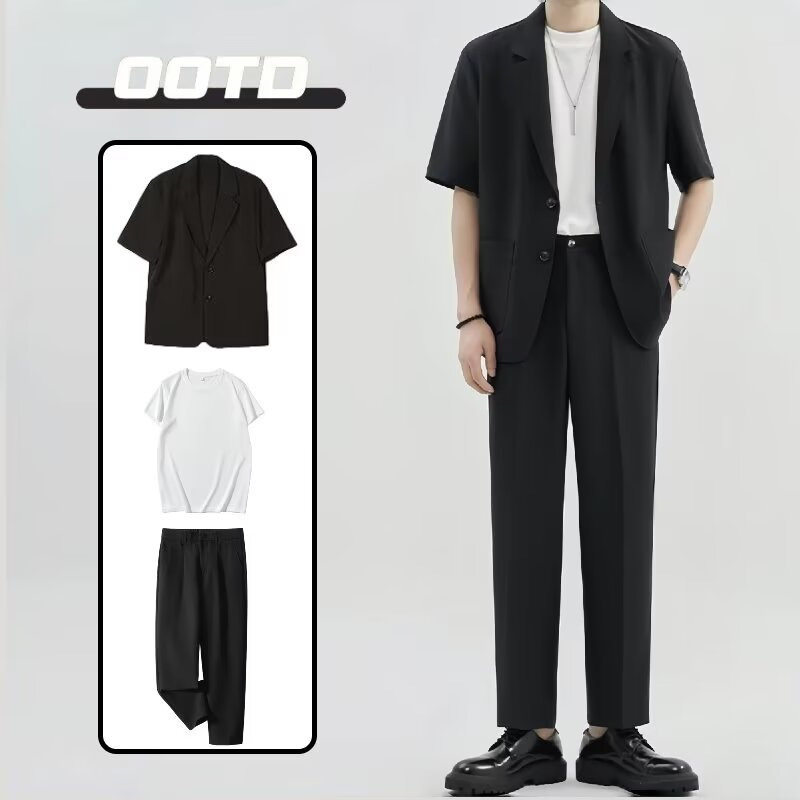 厂家直销休闲男士西服夏季套装感垂感短袖西装冰丝轻熟风两件套