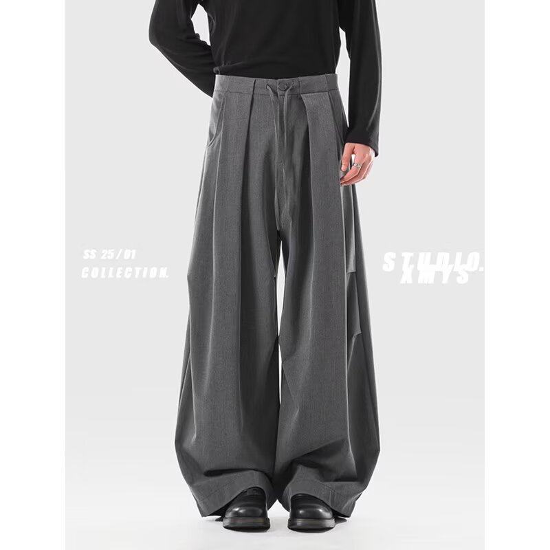 美式复古灰色垂感西裤男春夏季高级感痞帅高腰阔腿老钱风西装