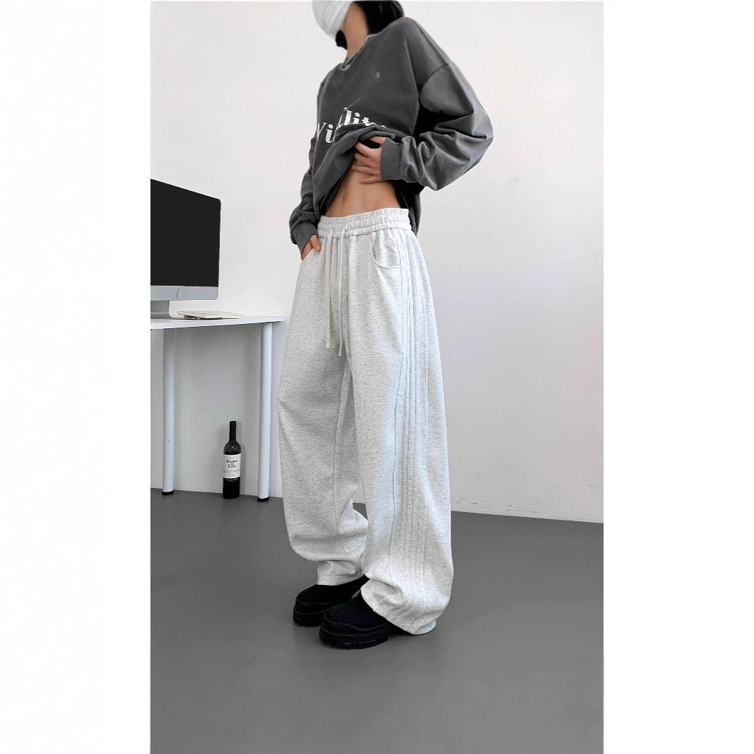白灰色重磅垂感卫裤男女款春秋季美式三条杠直筒宽松运动休闲裤子