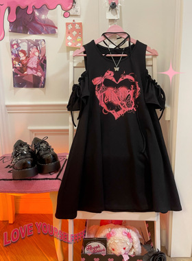 【完售展示】原创灰烬之心蝴蝶结系带露肩亚文化y2k印花甜辣T恤裙