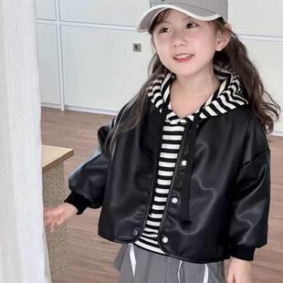 儿童套装2025春季男童女童宝宝皮衣外套夹克条纹连帽卫衣两件套
