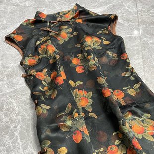 2026新款立领连肩月牙袖真丝花萝红云纱旗袍国风中长裙简约设计感