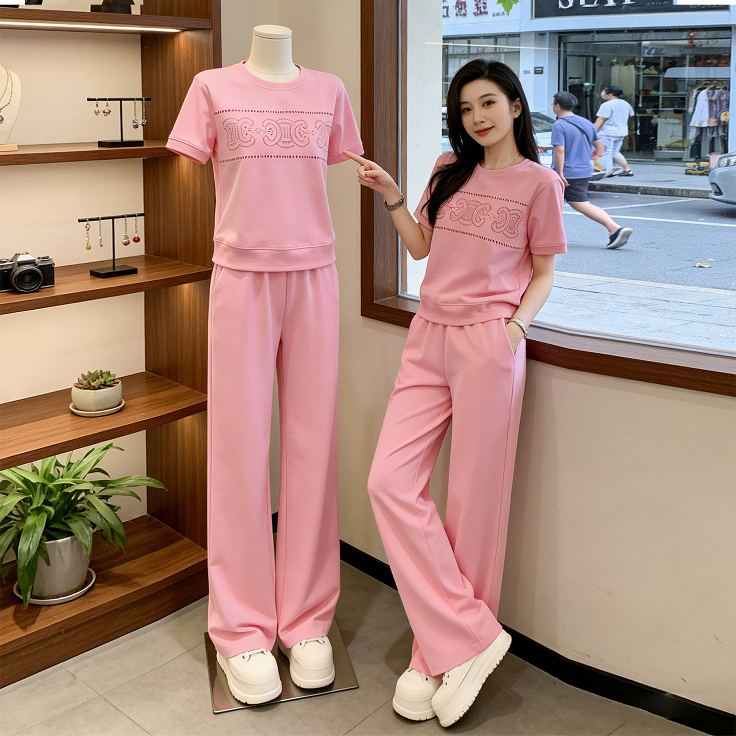 时尚休闲运动套装女夏季2026年新款显瘦减龄穿搭短袖阔腿裤两件套