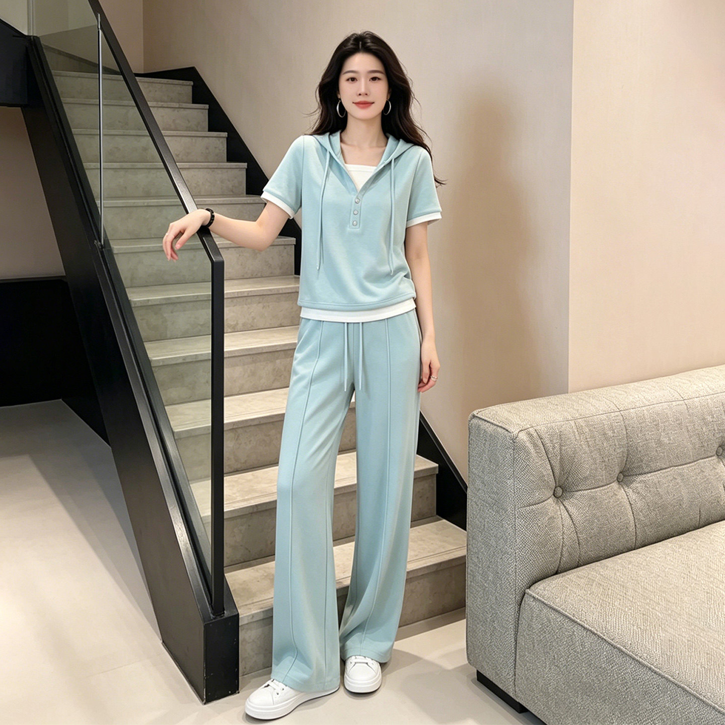 时尚休闲套装女2026夏季假两件连帽短袖阔腿裤运动两件套小个子