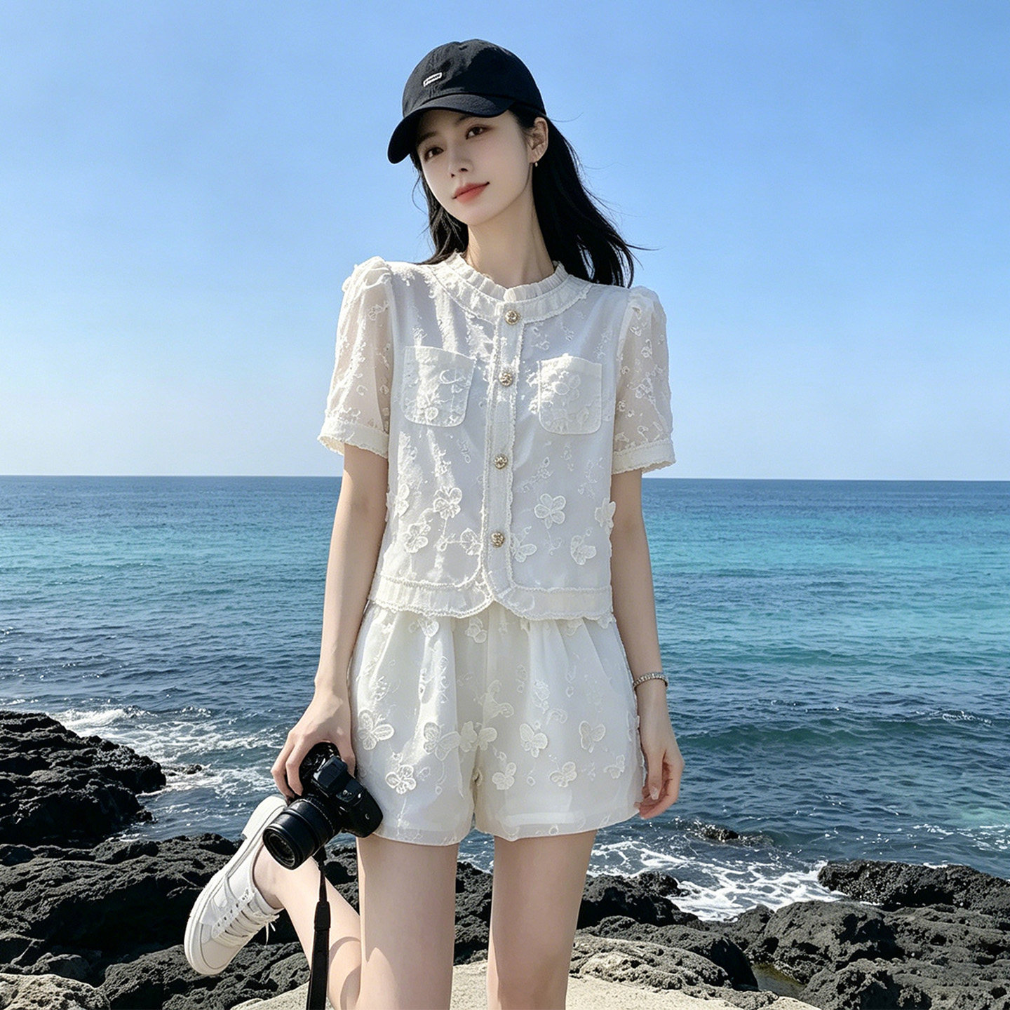 小香风蕾丝刺绣名媛短袖短裤套装