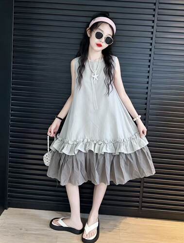 514哈哈家l女童夏季新款洋气韩版甜美花边背心连衣裙