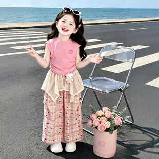 1103哈哈家  女童夏季新款洋气韩版甜美时髦卡通上衣格子裤套装