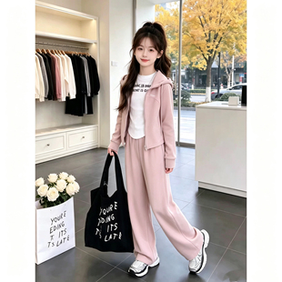 925哈哈家 女童春秋新款洋气韩版甜美时髦百搭连帽外套阔腿裤套装
