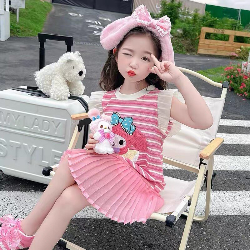 163哈哈家 特价清 女童夏季高品质卡通条纹连衣裙T裙