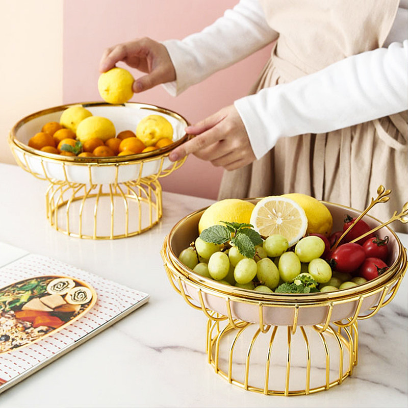ins北欧轻奢陶瓷金属高脚水果盘客厅零食点心果盆托盘甜品沙拉碗