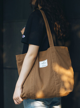 目意思咖啡纯色小清新ins简约文艺复古森系女单肩帆布包袋托特包