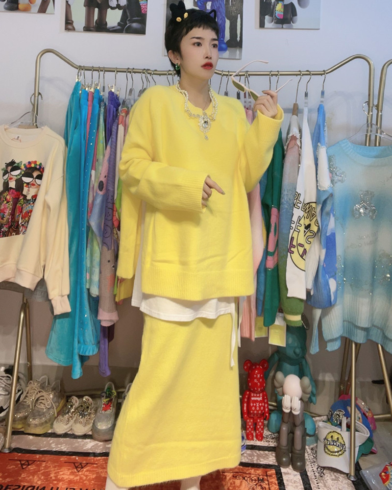 粉色毛衣套装女士2021秋冬洋气减龄宽松长袖上衣针织高腰裙两件套