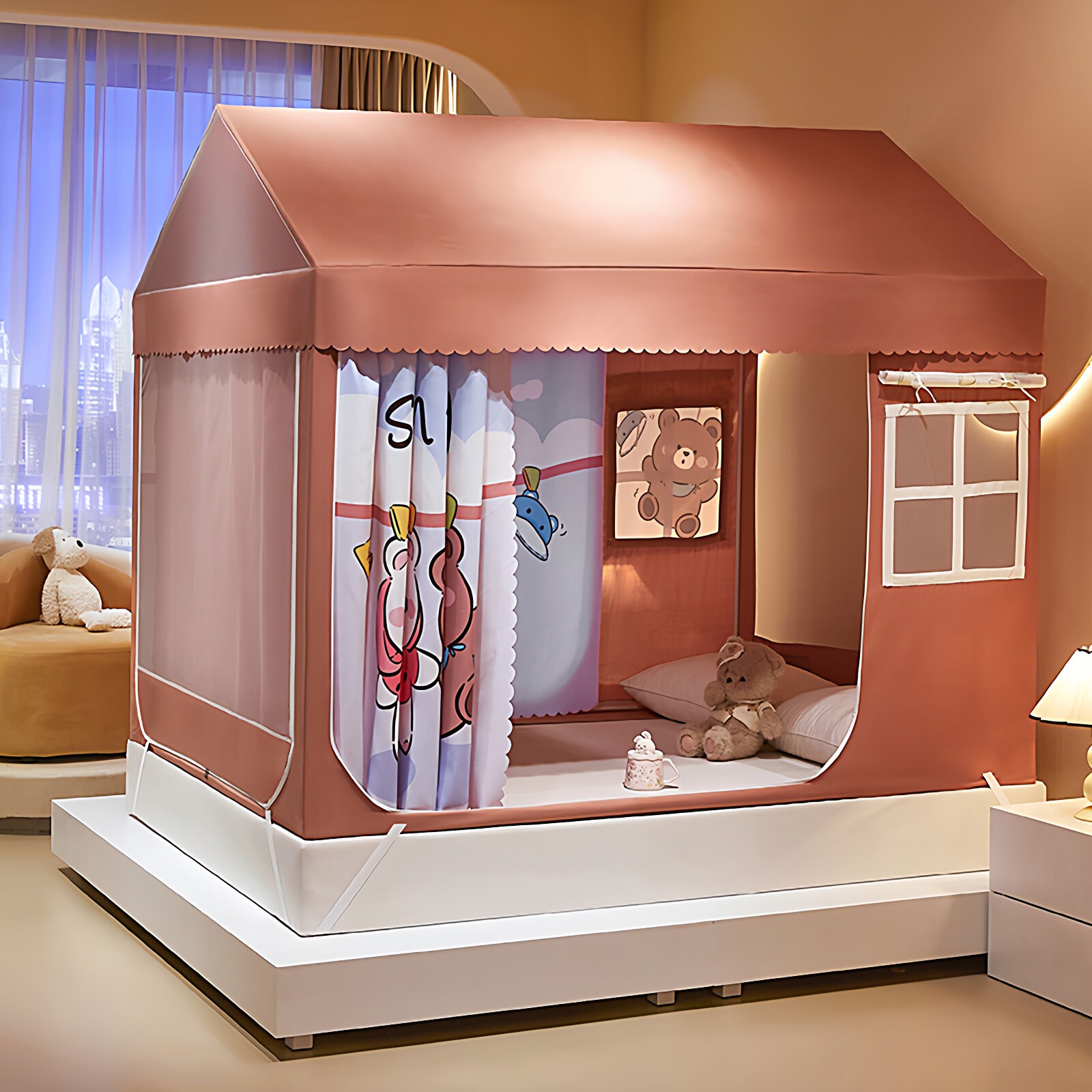 儿童尖顶小房子遮光床帘全封闭蚊帐男孩床棚罩帐篷全包型135*200