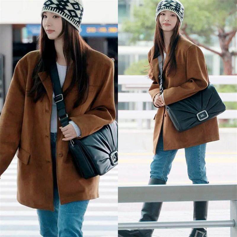 申世景明星同款鹿皮绒西装外套女美式复古美拉德百搭廓形休闲上衣