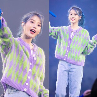 李知恩IU明星同款菱格针织开衫女复古撞色宽松长袖慵懒风毛衣外套