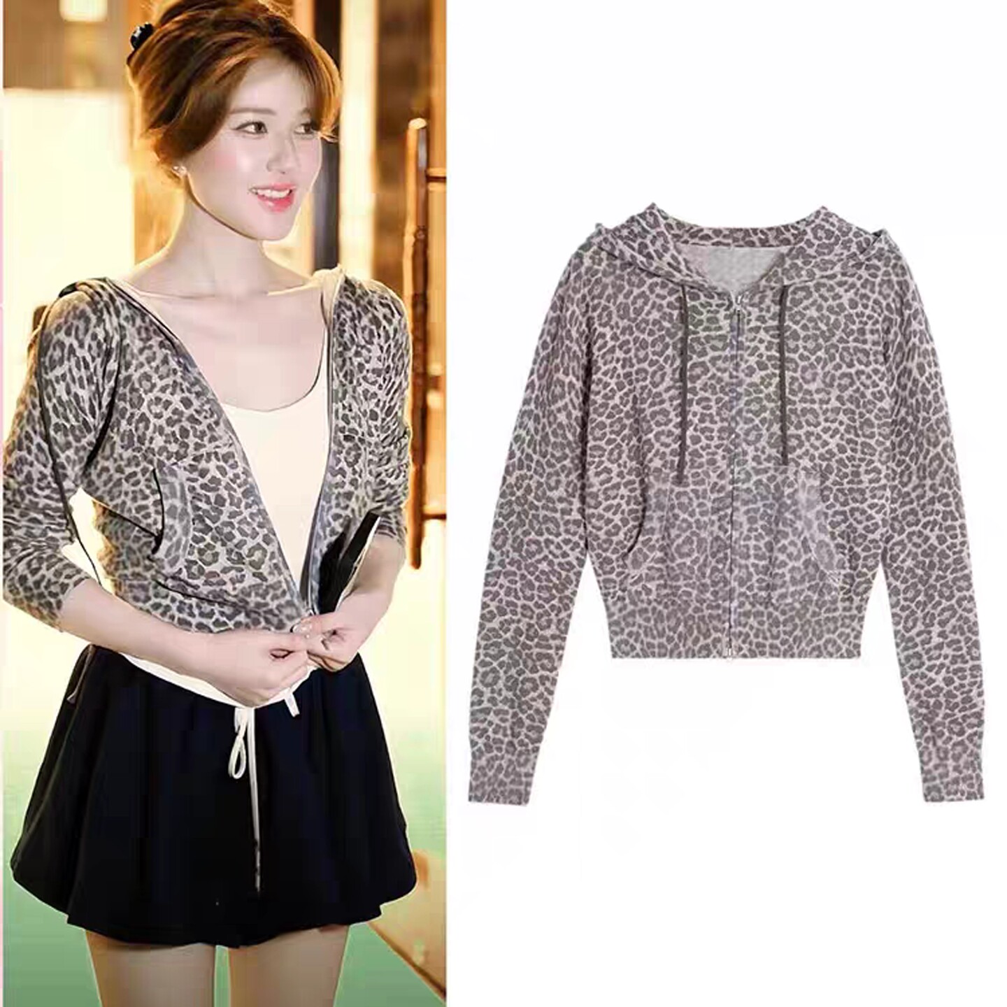 赵露思明星同款复古豹纹连帽拉链针织开衫女春季新款修身短款上衣