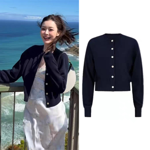 一枝南南明星同款藏青色短款针织开衫女春夏新款圆领长袖叠穿上衣