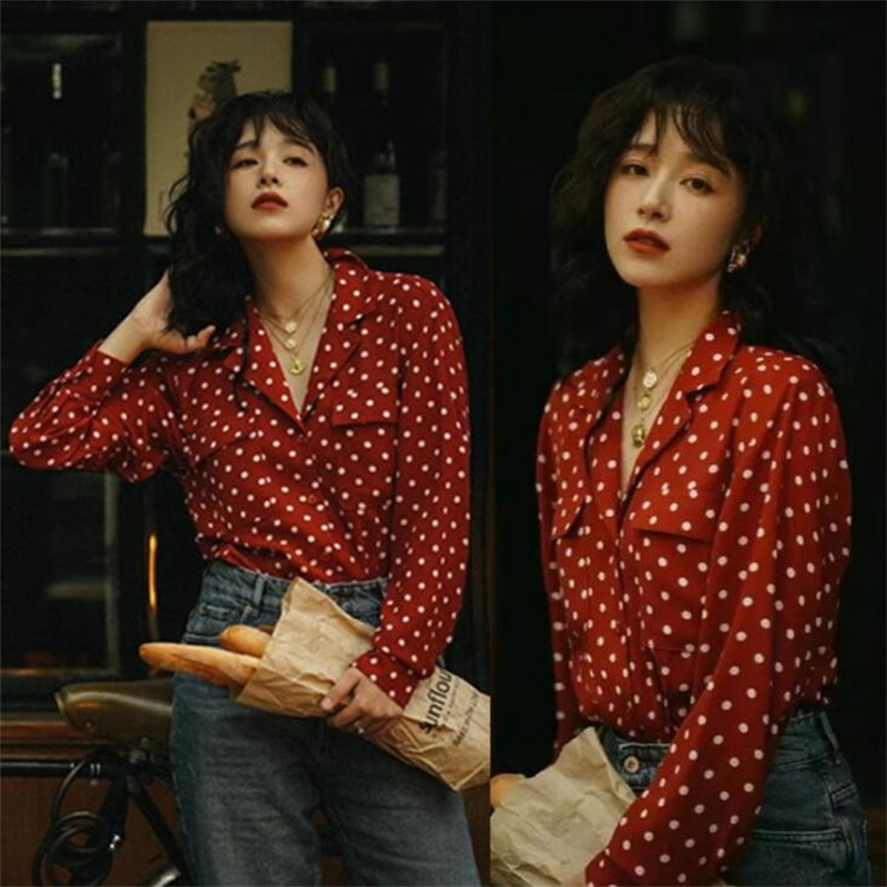 阚清子明星同款波点雪纺衬衫女