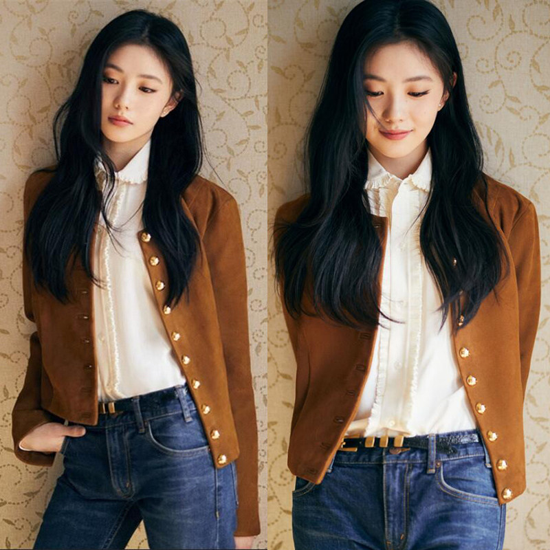 刘浩成明星同款鹿皮绒外套女高级感百搭长袖宽松显瘦短款夹克开衫