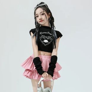 女童夏季套装jazz甜酷嘻哈爵士街舞表演出服装儿童百褶裙两件套潮