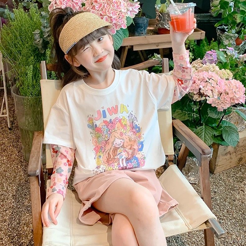 女童防晒假两件冰袖夏装防蚊上衣