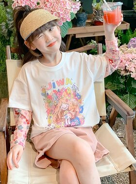 女童防晒假两件冰袖夏装防蚊上衣