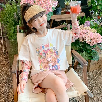 网纱女孩纯棉短袖T恤夏季新款女童防晒假两件冰袖夏装防蚊上衣潮