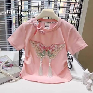 女童夏装纯棉短袖t恤2025夏季新款国风新中式儿童蝴蝶刺绣上衣服