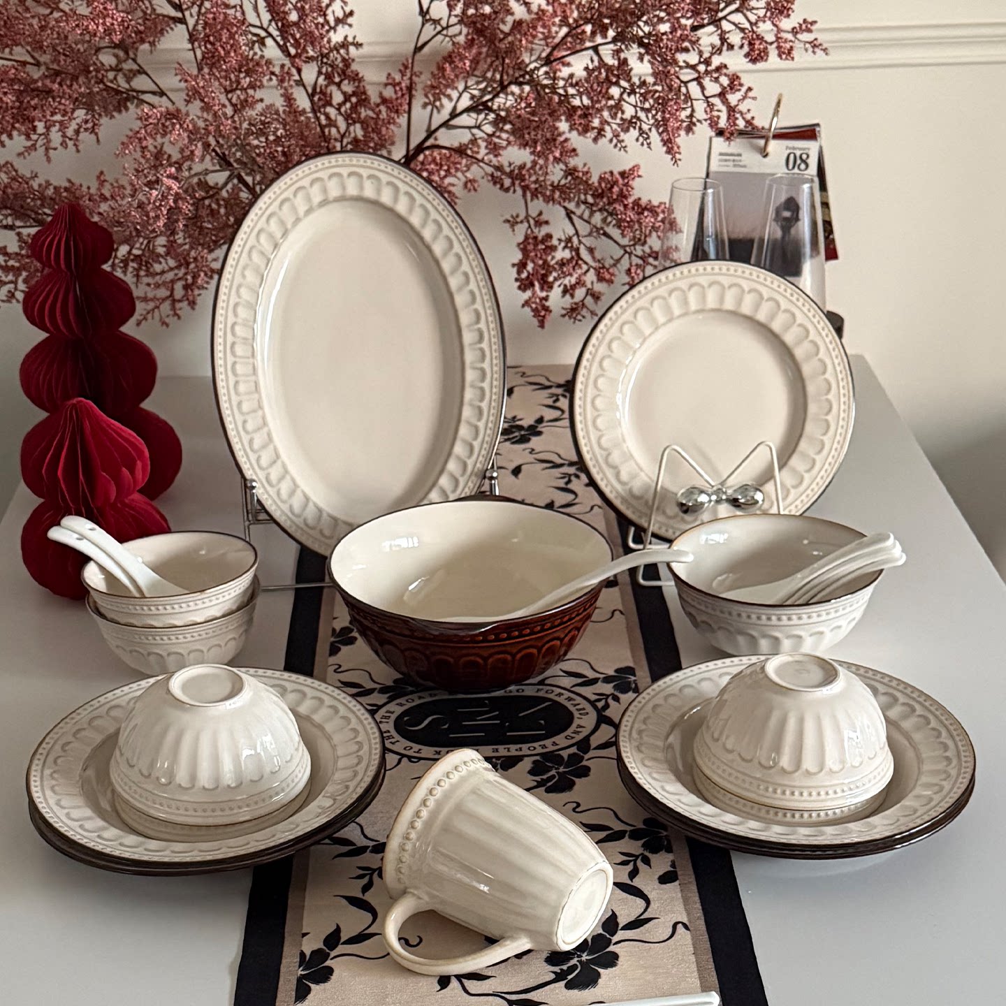 釉下彩2026新款碗盘碗碟套装家用窑变法式浮雕餐具乔迁碗筷盘组合