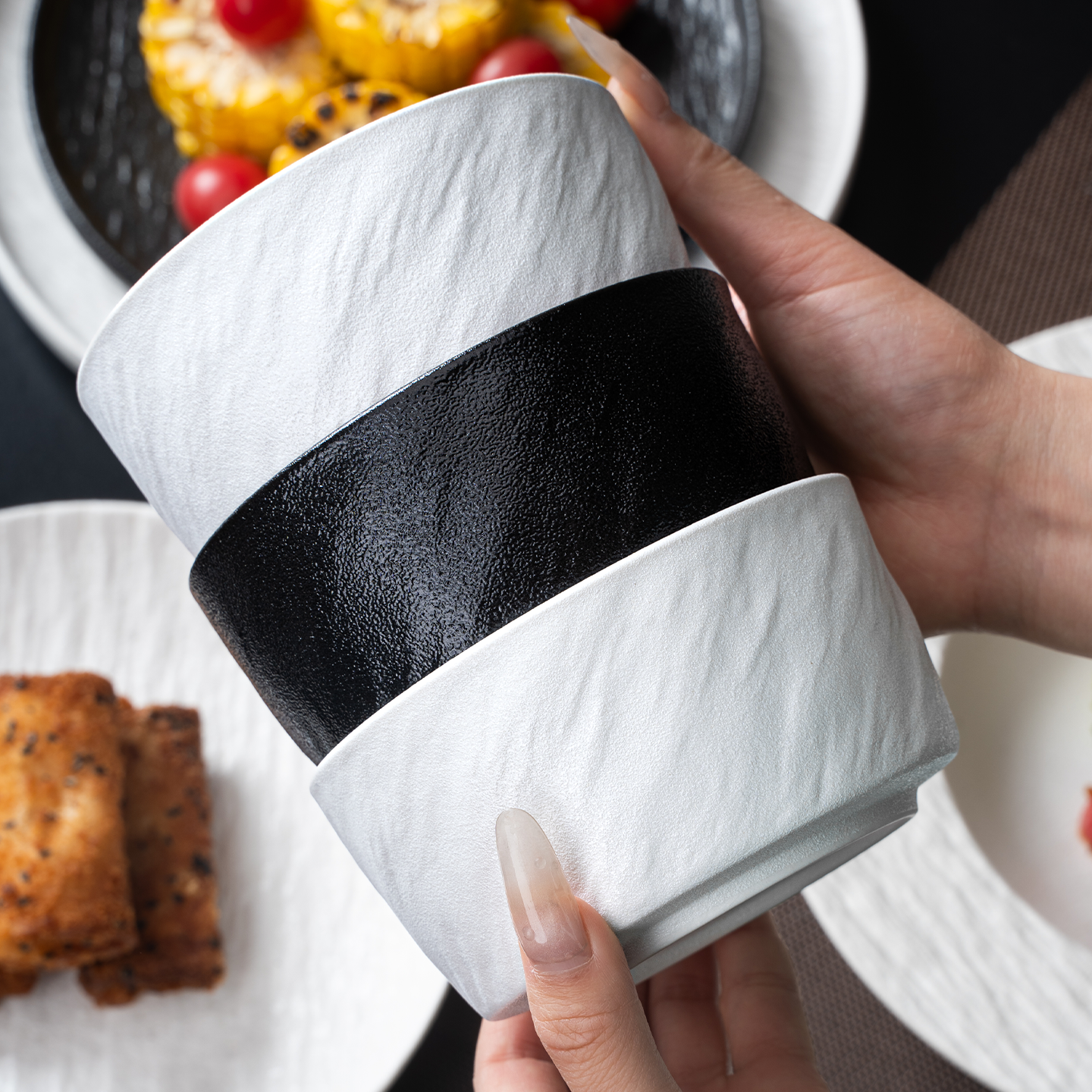 岩纹黑白釉下彩轻奢家用餐具套装