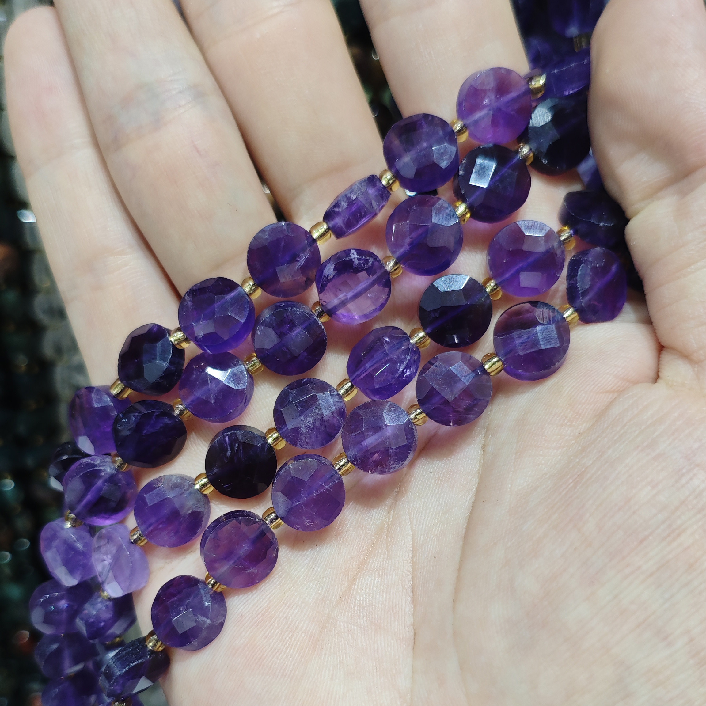 天然紫水晶圆形刻面珠子扁片形状半成品 DIY手作女生手链手串配珠