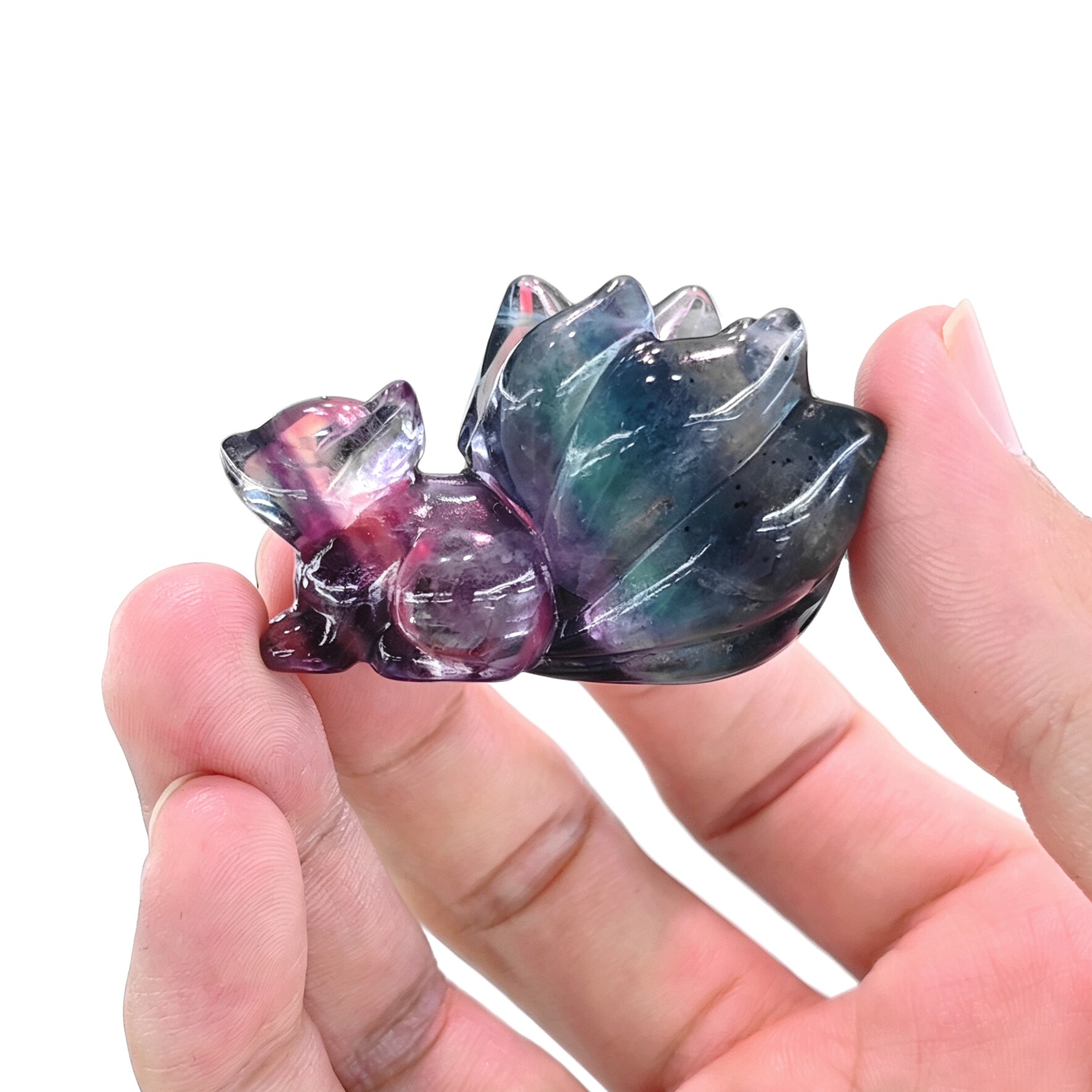 天然七彩萤石九尾狐雕刻件长约4cm 彩虹萤石水晶狐狸雕件小摆件图片