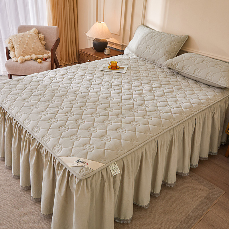新款夹棉床罩保护套下摆床裙床笠二合一床单带裙边纯棉防滑三件套