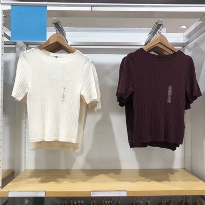 女装3D精纺美利奴罗纹圆领针织衫5分袖毛衣T480188