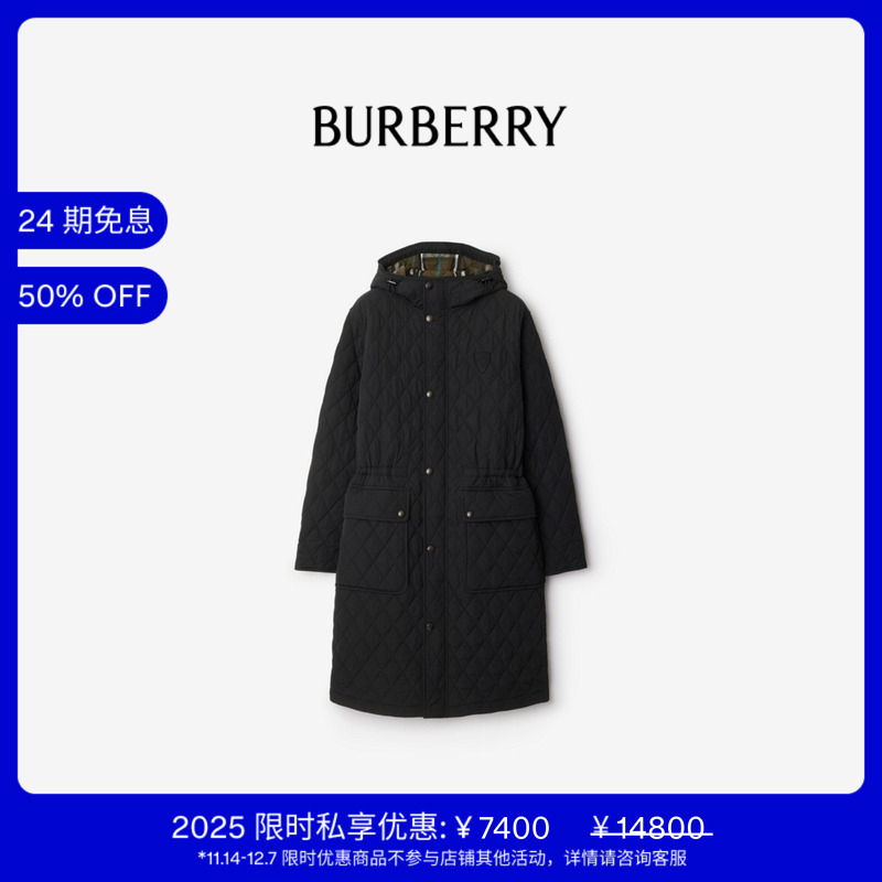 绗缝中长款大衣BBR连帽巴宝莉