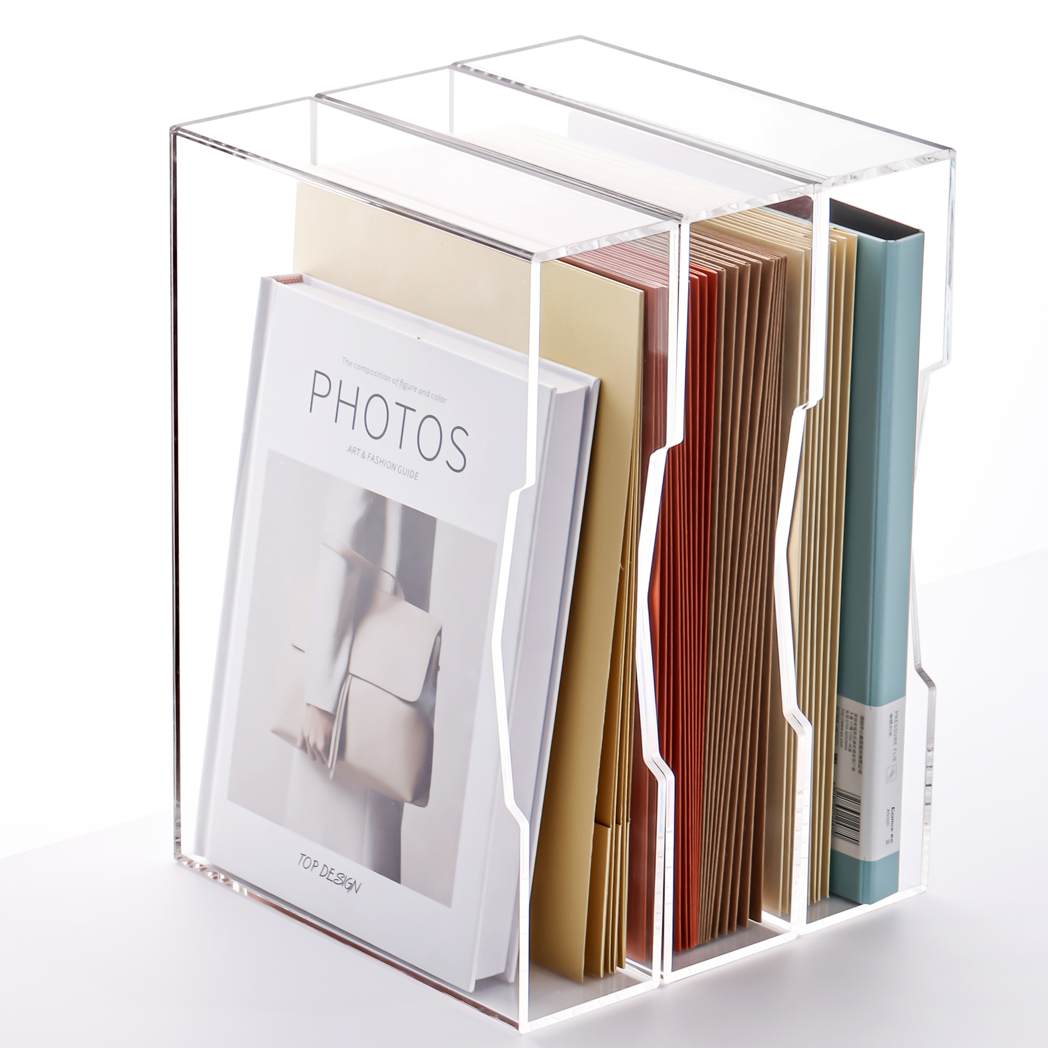 三锐A4文件袋收纳盒桌面办公资料盒合同书本盒防尘书籍盒透明亚克力多层堆叠工位立式文件收纳架分区文件栏