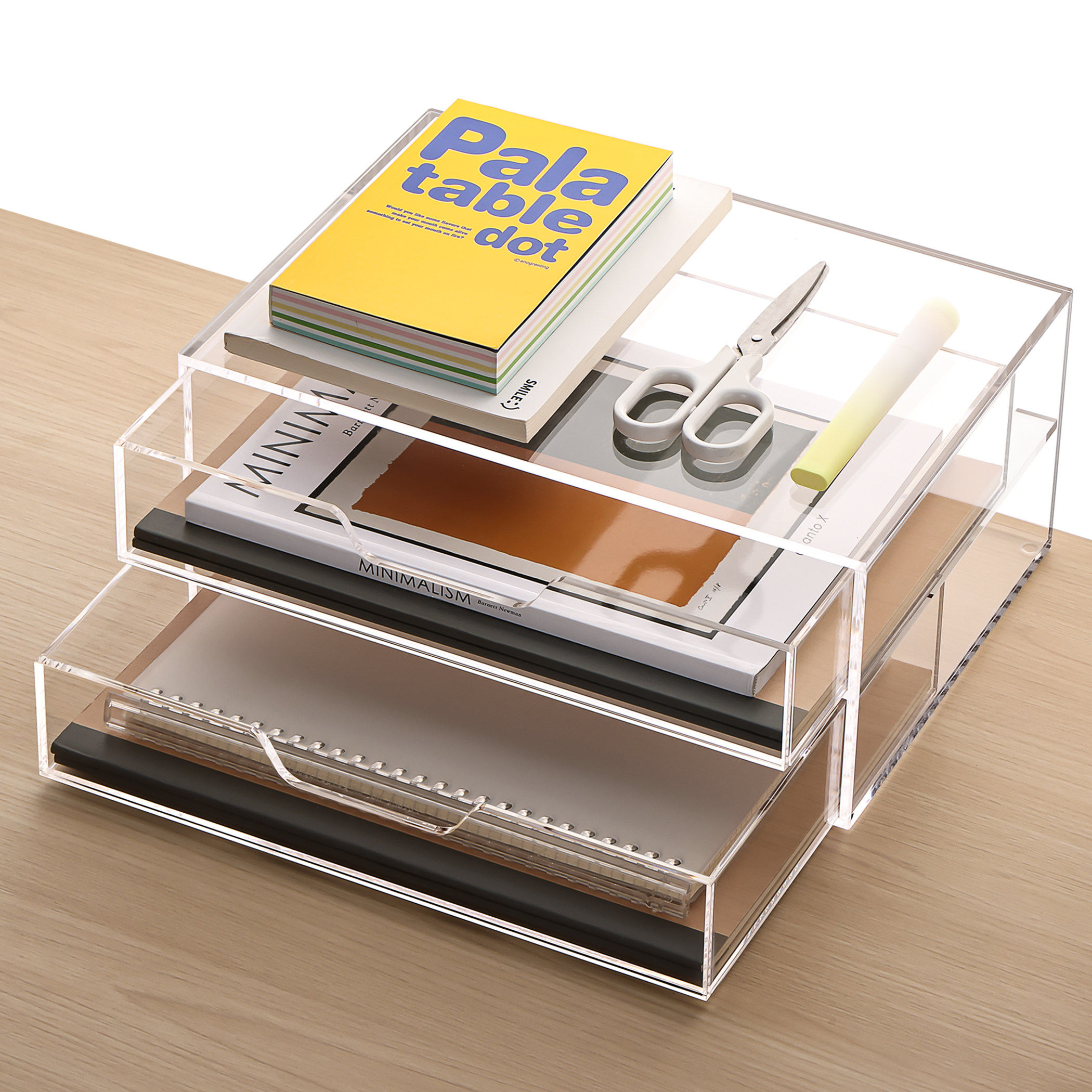 三锐A4桌面文件座办公室全抽屉文件盒两层叠加抽屉文件框多功能可抽拉资料盒亚克力透明杂物收纳盒抽屉分层盒