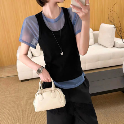 零度两件套叠穿背心短袖T恤女