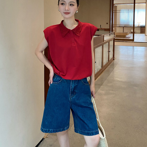 零度翻领蕾丝宽松显瘦T恤女