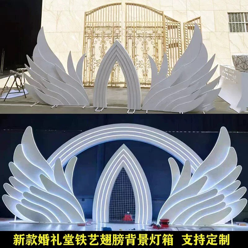新款水晶吊顶婚礼堂背景灯箱水晶灯箱法式婚礼铁艺翅膀背景灯箱