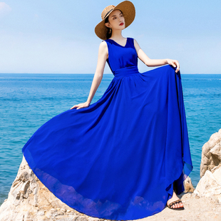 2026新款 波西米亚大摆雪纺连衣裙宝蓝色V领海边度假裙沙滩长裙子