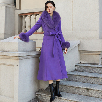 狐狸毛领羊绒大衣中长款复古外套