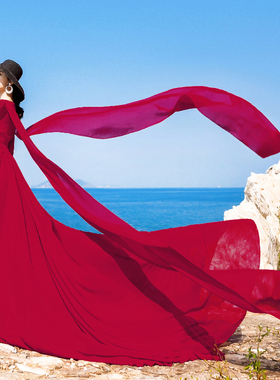 2026夏气质显瘦复古V领长袖晚宴礼服酒红色拖尾雪纺大摆连衣裙女