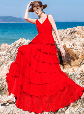 三亚旅拍照好看的蛋糕裙海边渡假连衣裙女大红色长裙子吊带沙滩裙
