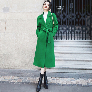 高端复古西装 羊毛毛呢外套过膝纯色 领翠绿色双面羊绒大衣女中长款